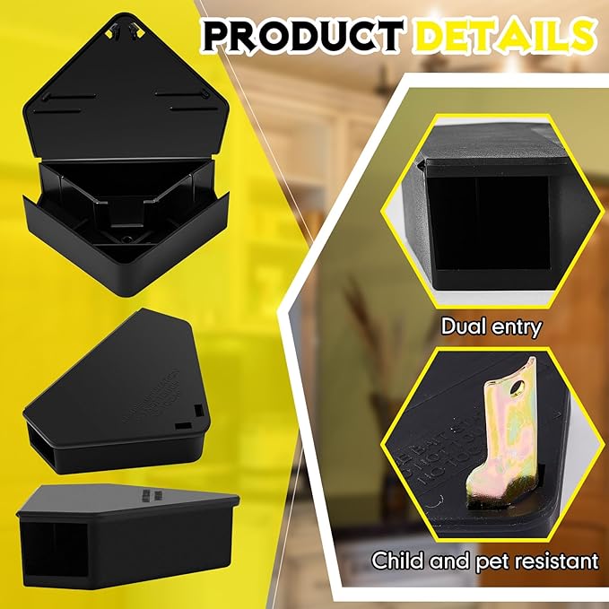 Qualirey 36 Pcs Mice Station with Key Triangle Bait Station Reusable Rodent Trap Bait Box, Keeps Children and Pets Safe Indoor & Outdoor, Bait Not Included, Suitable for Small Mice (Black)