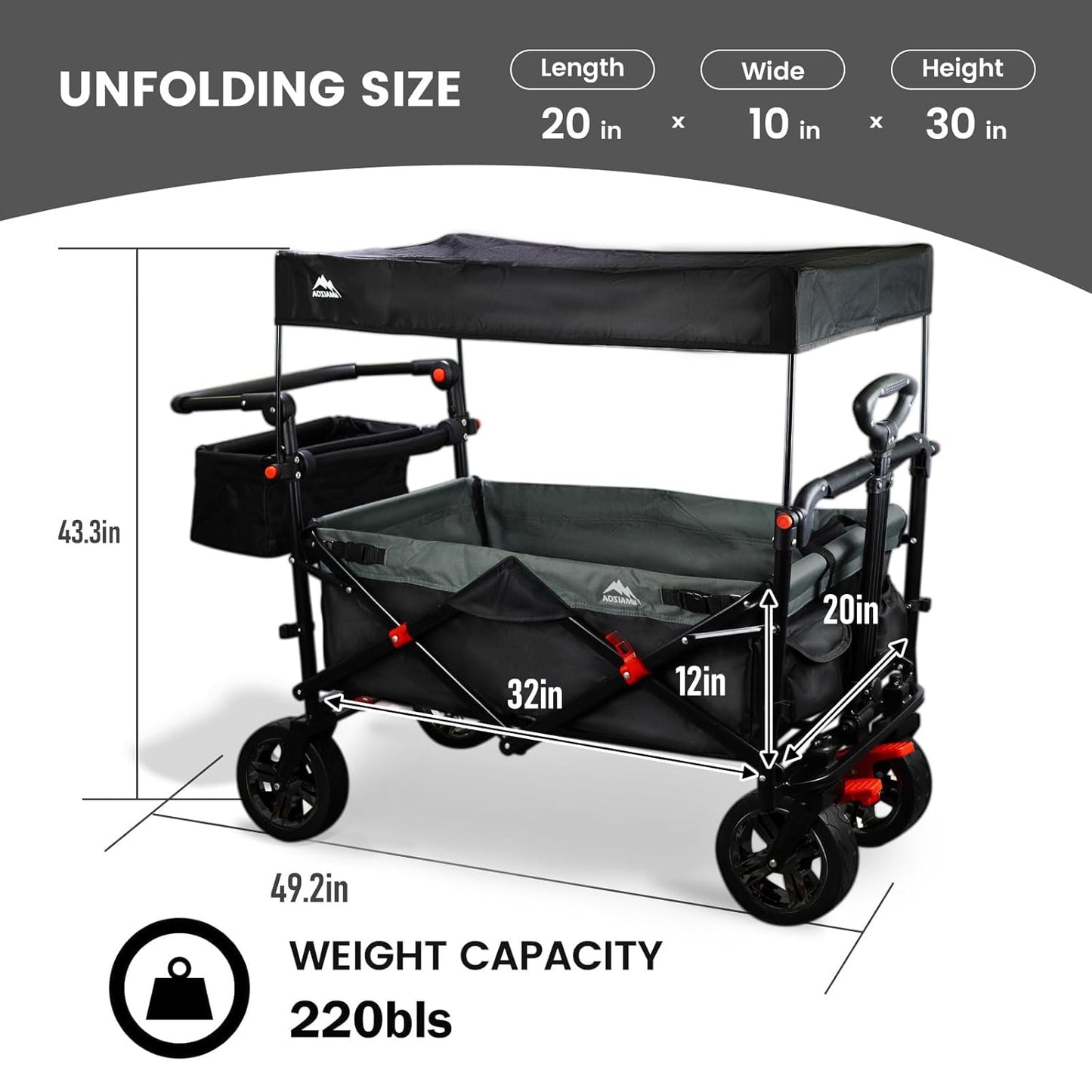 Foldable Wagons with Removable Canopy, Seat Belts, Reversible Handlebar, Removable Canopy, 220lbs Weight Capacity, Folding Wagon for Ages 1+ Years Suitable for Family Travel, Cargo