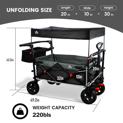 Foldable Wagons with Removable Canopy, Seat Belts, Reversible Handlebar, Removable Canopy, 220lbs Weight Capacity, Folding Wagon for Ages 1+ Years Suitable for Family Travel, Cargo