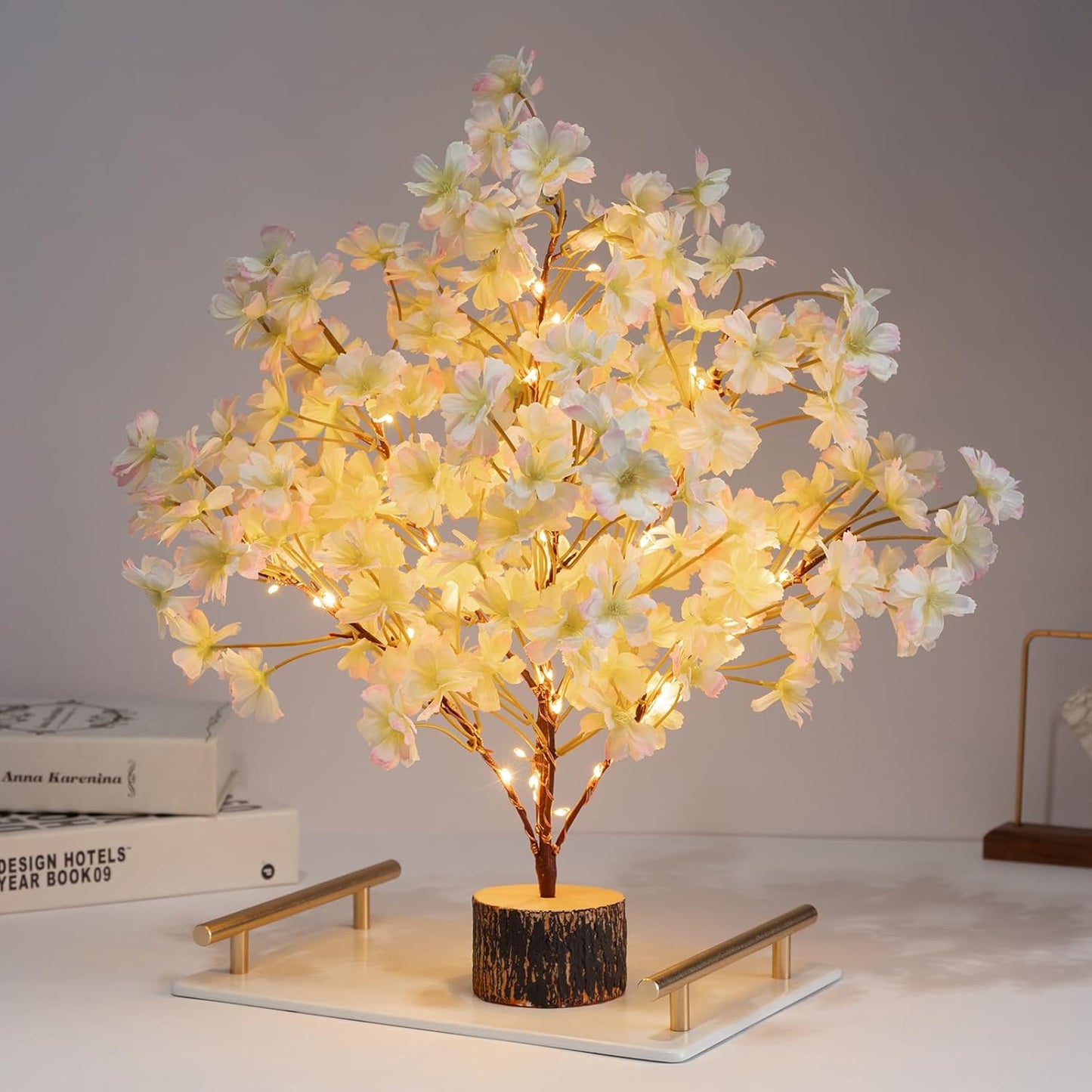 Lighted Cherry Blossom Tree Artificial, 19Inch Faux Bonsai Tree Japanese Decor, Battery Operated Floral Desktop Tree for Indoor Home Spring Summer Easter,Pink