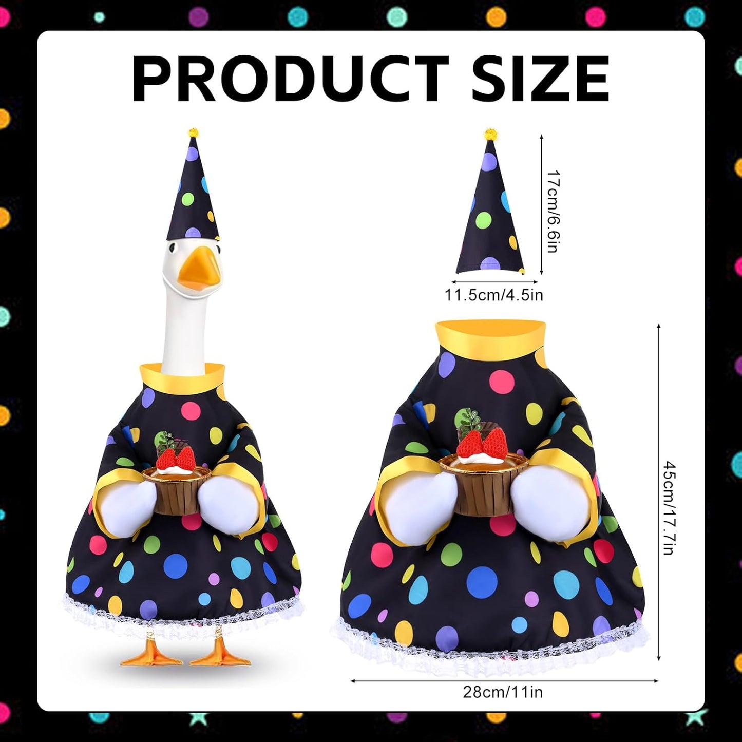 Happy Birthday Goose Outfit Porch Goose Outfits with Happy Birthday Cake Hat and Clothing for 23" Cement/Plastic Porch Goose Outdoor Statue Patio Yard Lawn Art