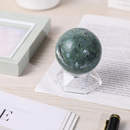 Natural Moss Agate Crystal Ball with Acrylic Display Base, 51-60mm Polished Stone Feng Shui Crystal Sphere Meditation Decoration for Home & Office