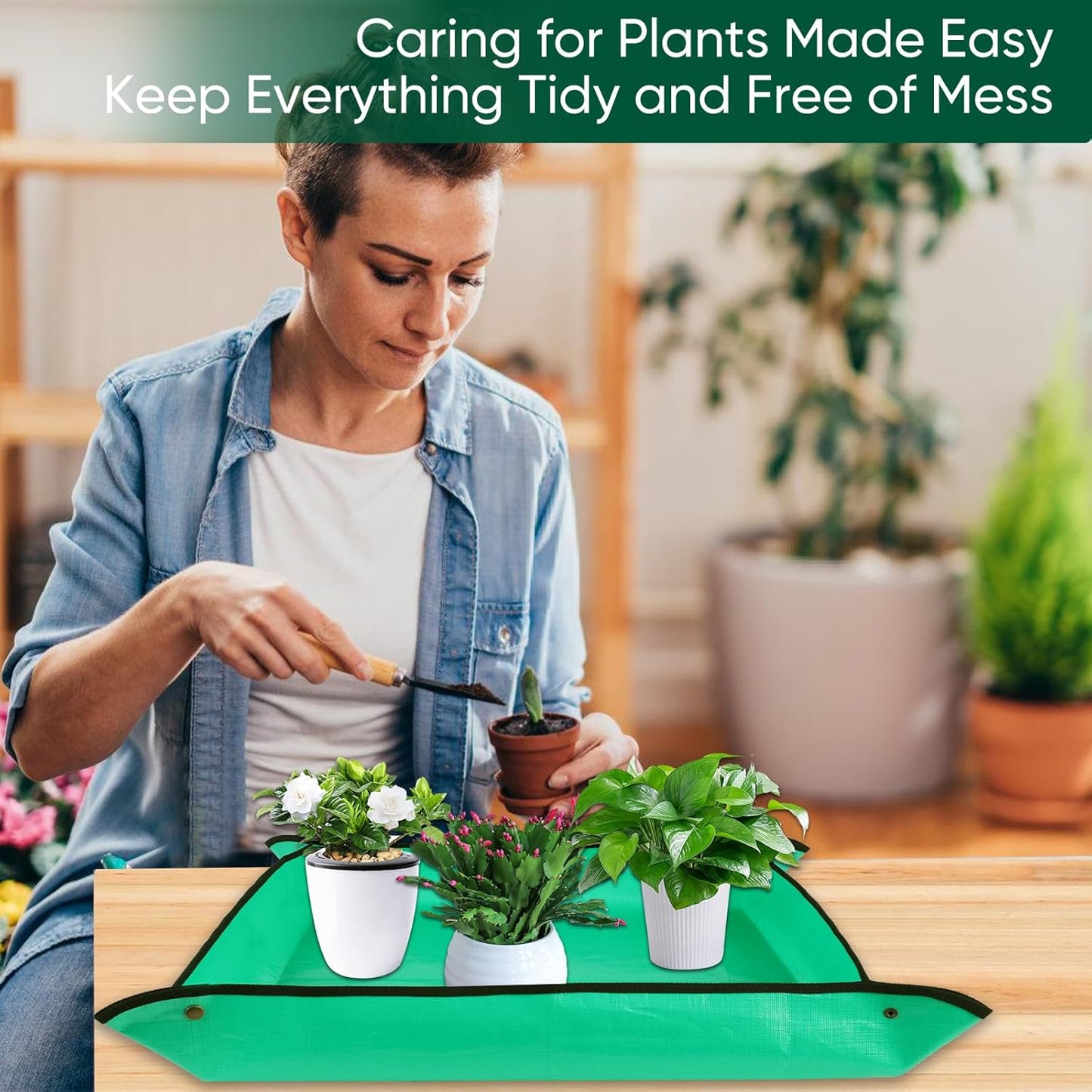 HKZ Repotting Mat for Indoor Plant - 39.5'' x 39.5'' Planting Soil Mess Control, Portable Succulent Planting Potting Tray Waterproof Gardening Bonsai Tools Transplanting(Pale Green)