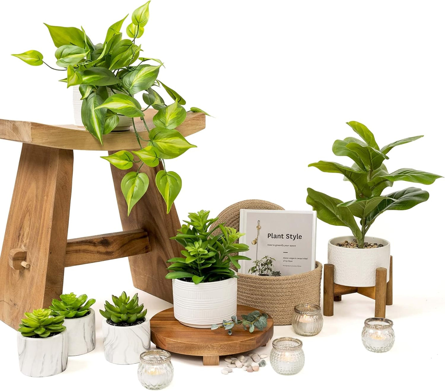 Kurrajong Farmhouse Dark Green Fake pothos | Fake Plant for Shelf Decor | Artificial Trailing Ivy Plant with 5" Wide x 3.5" high Ceramic Pot Faux pothos Plant for Floating Shelves