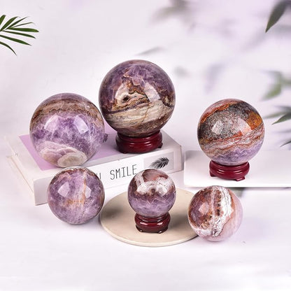 JIC Gem Amethyst Agate Crystal Ball with Wooden Stand Pink Healing Crystal Sphere Ball for Feng Shui Decor Spiritual Gifts 60-70mm