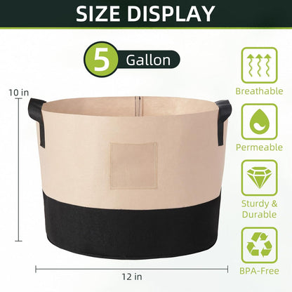 LITLANDSTAR 5 Gallon Fabric Grow Bags, 10 Pack Heavy Duty Thickened Nonwoven Plant Grow Bags with Handles and Label Bags, Fabric Plant Pots for Growing Vegetables Flowers Herbs (Black Mixed Camel)