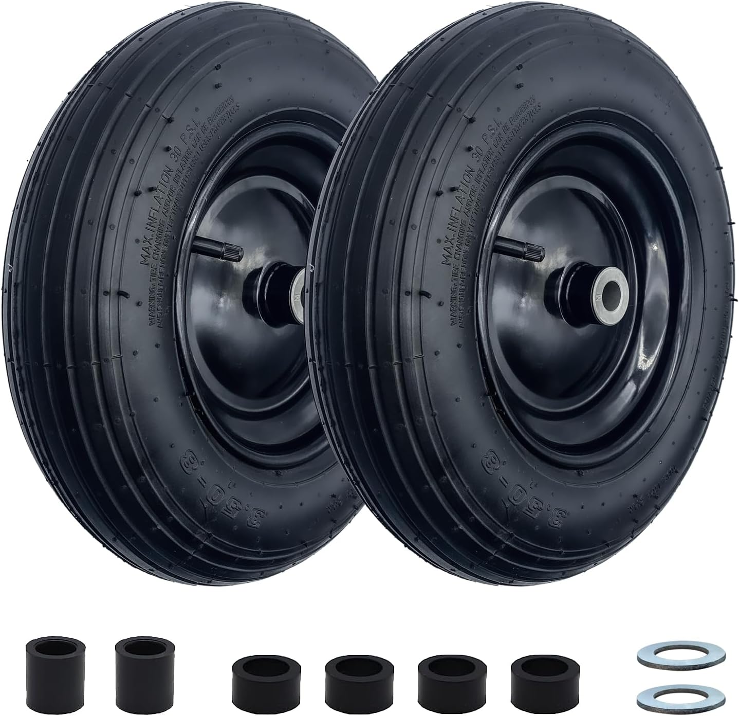 2-Pack 14.5-Inch Wheelbarrow Tire.3.50-8" Pneumatic Tires and wheels with 3"- 6" Center Hub and 3/4" Bushings for Wheelbarrow Lawn Mover Replacement.