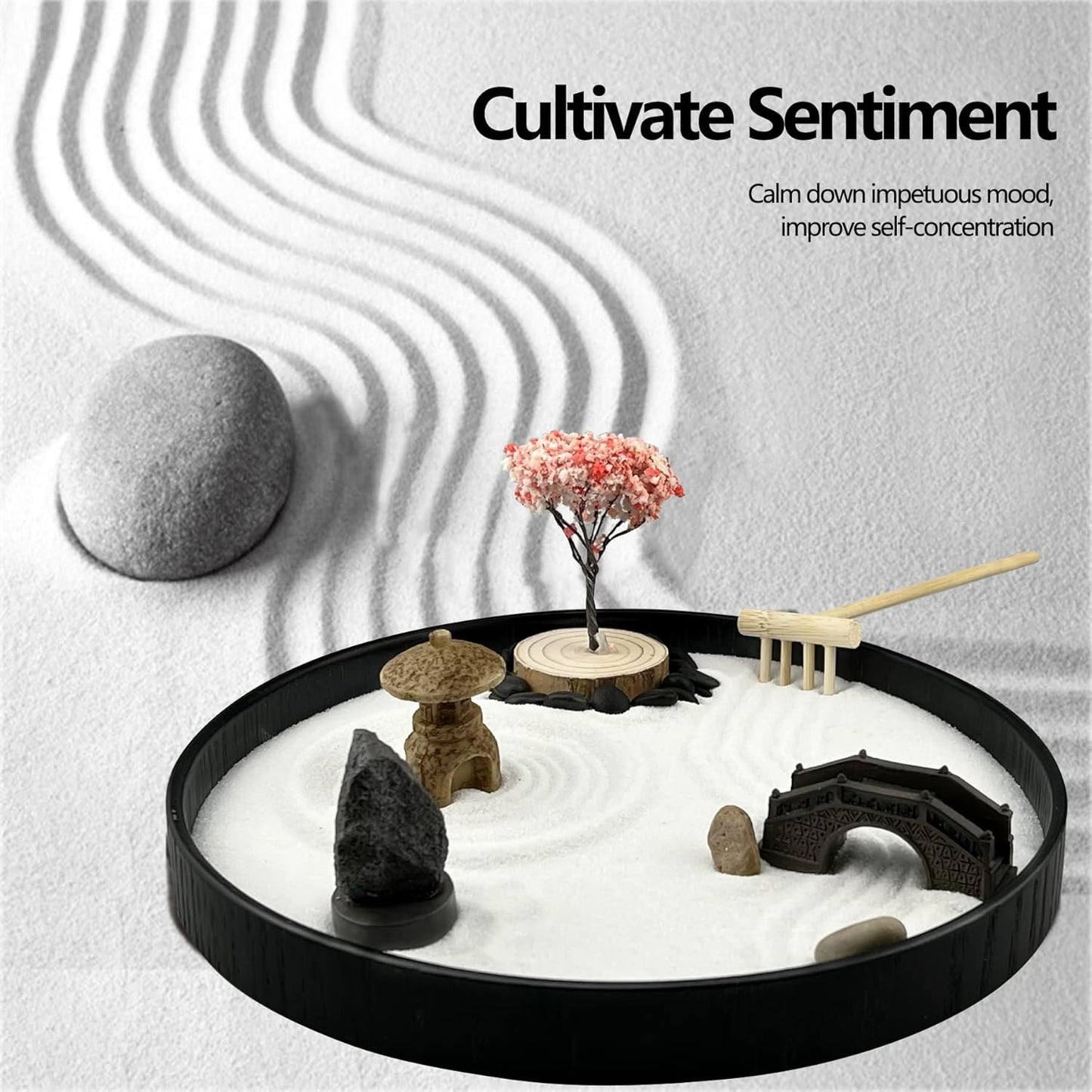 Zen Garden for Desk Japanese Zen Garden Kit 8 Inch Large Round with 6 Sand Rake and Accessories Tray Mini Desktop Zen Decor for Home Office Gift Therapy Relaxation Meditation