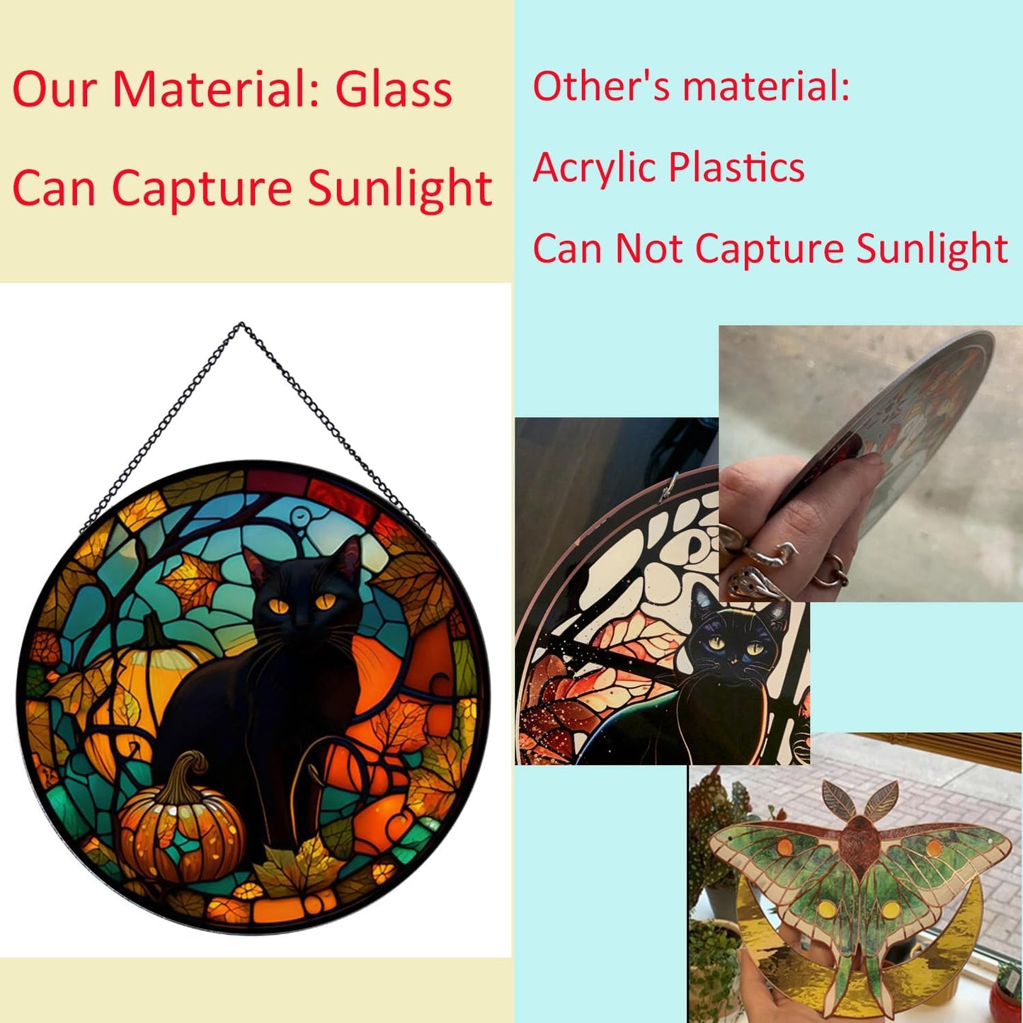 Black Cat Pattern Suncatcher Stained Glass,Hanging Stained Glass for Windows for Cat Lovers,20cm/7.87inch Hand-Painted Sun Catcher Garden Hangings Halloween Fall Christmas Decor for Home