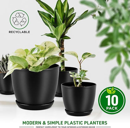Plant Pots with Multi Drainage Holes - 10 Pieces Versatile, Sturdy Plastic, Stackable Design Home Decor Flower Pots for Indoor and Outdoor Gardening - Black