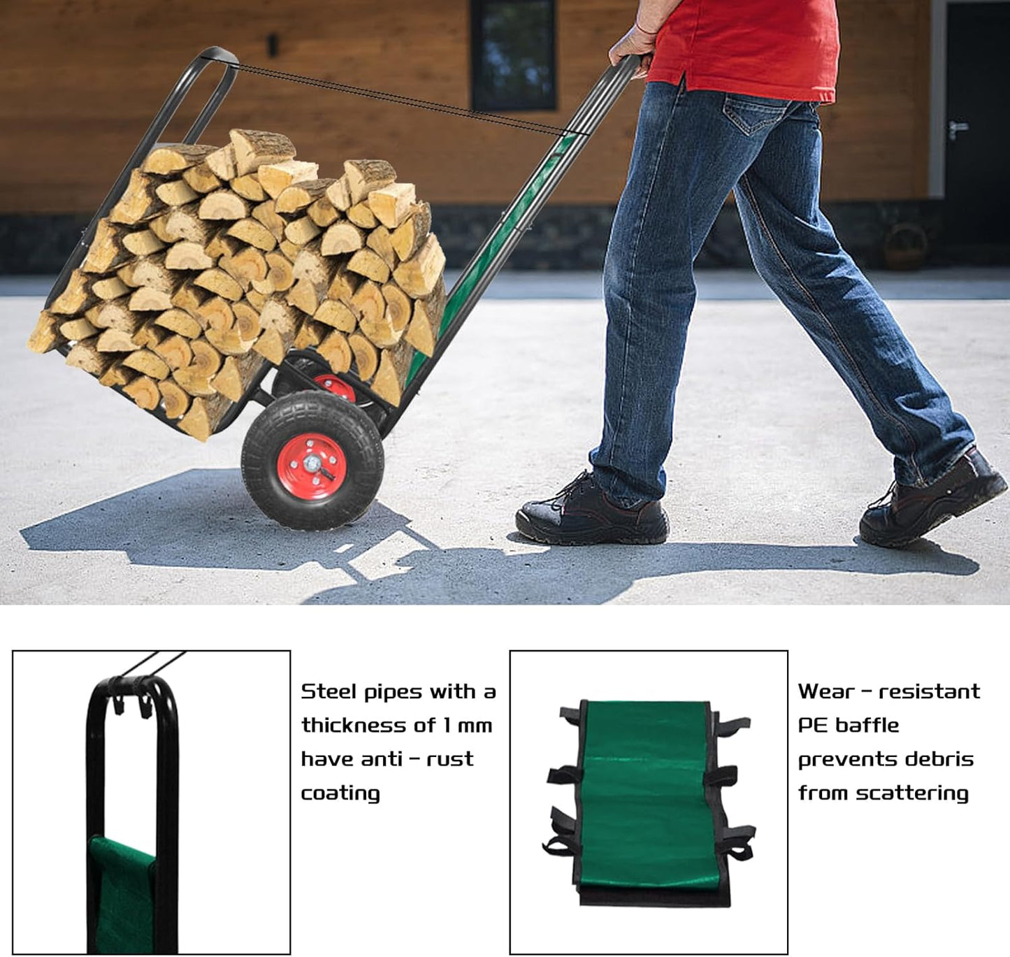 Firewood Cart: 44 X 27 X 20 in Heavy Duty 220 lbs Load Capacity Waterproof Easy Assembly Rack for Indoor Garden Backyard Fireplace Men Women Use with Pneumatic Rubber Wheels