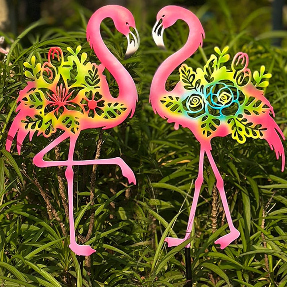 Pink Metal Flamingo Garden Statue - 20.5 inch Hand Flamingo Painted Metal Patio Art, Outdoor Decorative Stake Flamingo Statue for Lawn, Patio, Porch and Backyard, Gifts for Ladies (B Style 2 Pack)