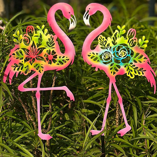 Pink Metal Flamingo Garden Statue - 20.5 inch Hand Flamingo Painted Metal Patio Art, Outdoor