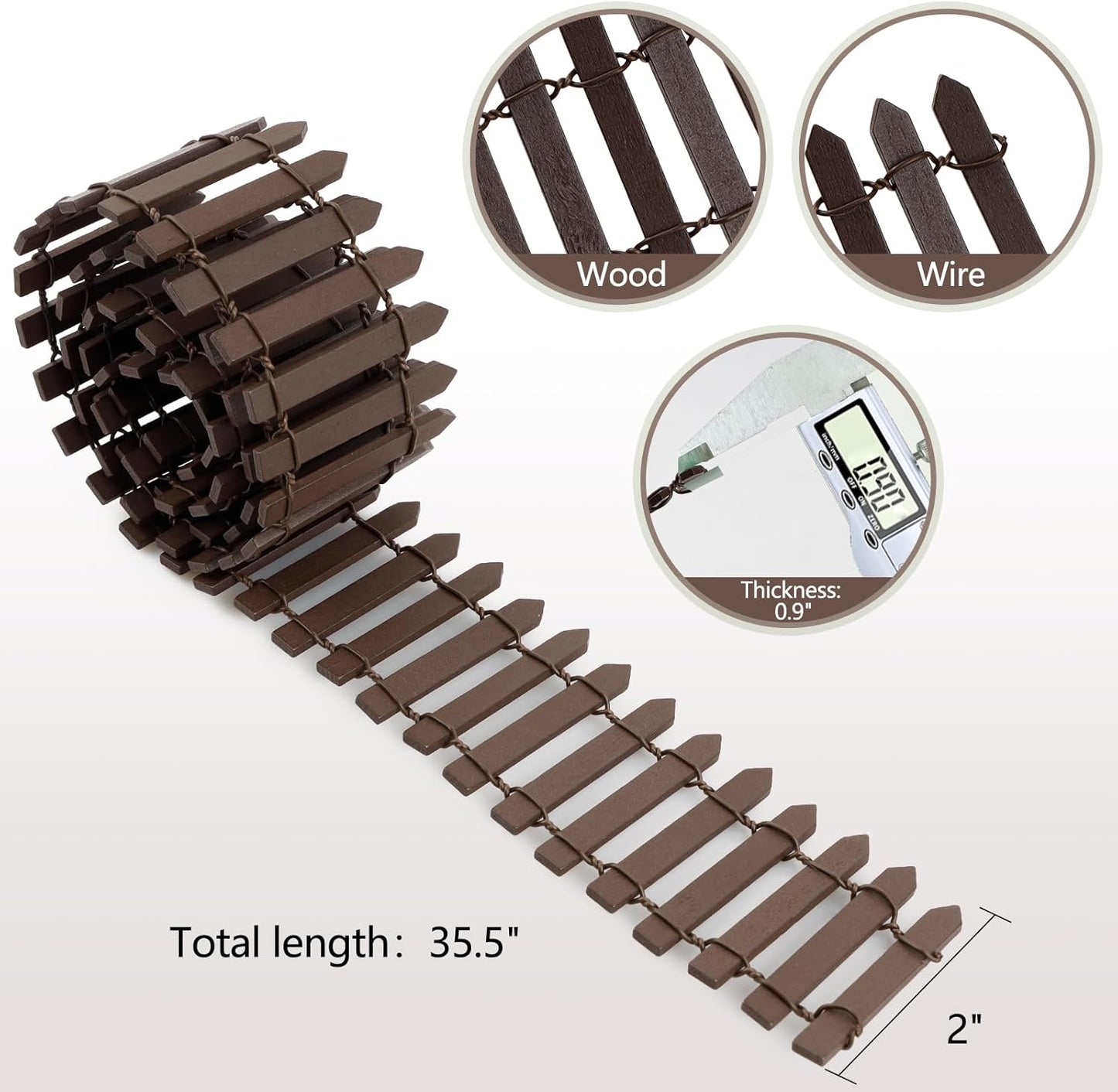 Mini Fairy Garden Fence, 35.5 Inch Cuttable Small Wood Picket Fence, DIY Miniature Accessories Decoration for Dollhouse, Crafts, Vegetable Platter, Cake(Brown)
