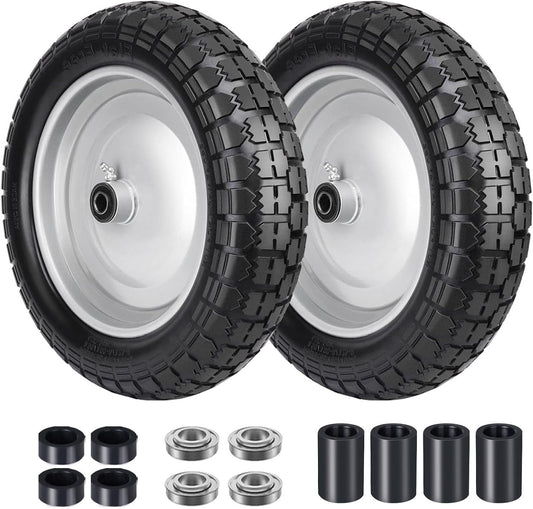 4.80/4.00-8 Tire, 14.5" Flat Free Wheelbarrow Tire and Wheel, 5/8" 3/4" Bearings Solid Replacement