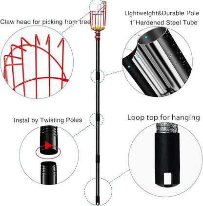 DonSail Fruit Picker Pole Tool with Basket Telescoping - Adjustable Mango Picker 35-120 inch Long Handle - Apple Orange Avocado Acorn Lemon Pear Pomelo Chery Picker for Tree