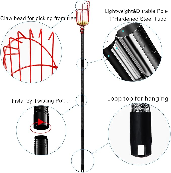 Fruit Picker Pole Tool with Basket Telescoping, Adjustable Apple Picker Pole 35-170 inch Long Handle, Mango Orange Avocado Fig Acorn Lemon Pear Pomelo Chery Picker for Tree
