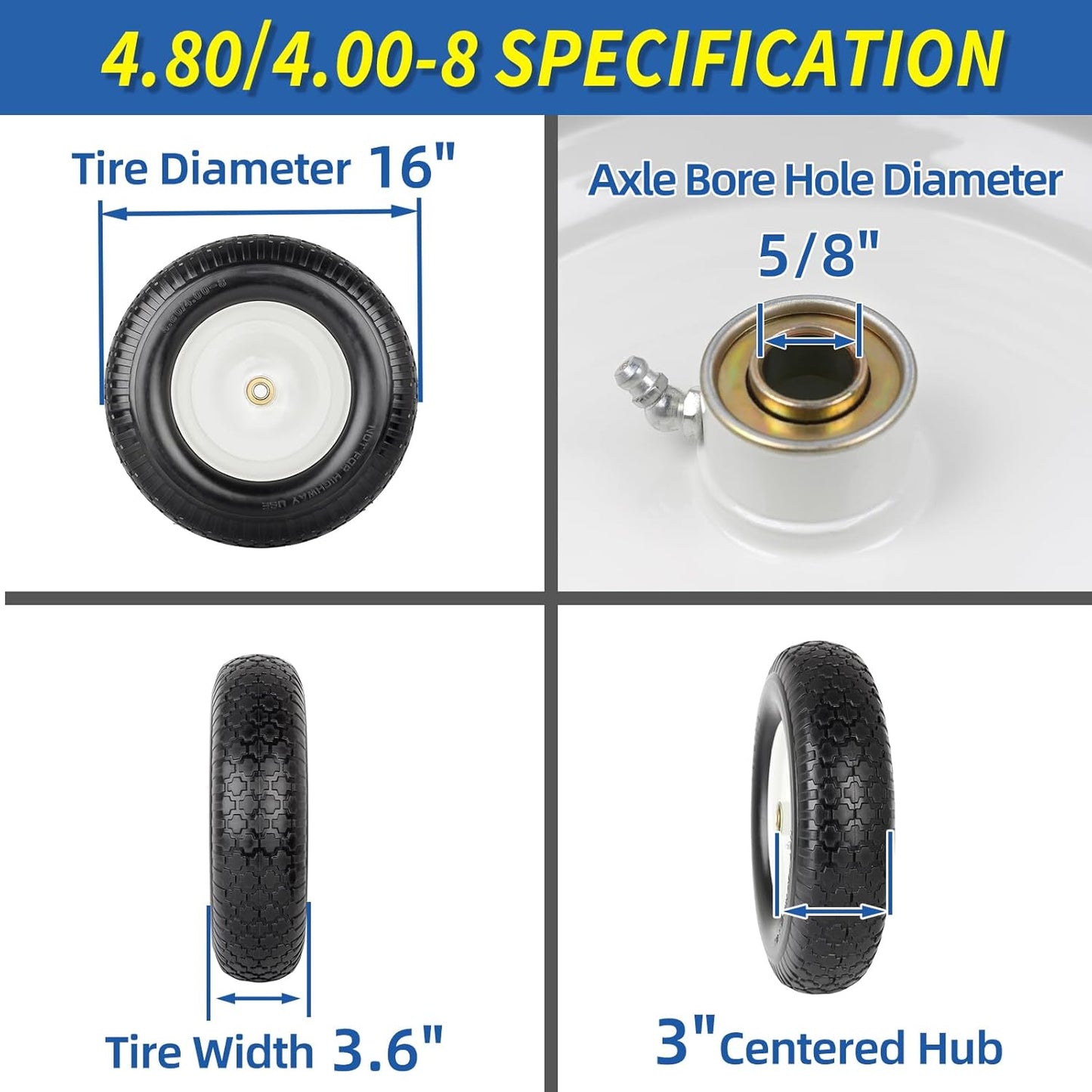 4.80/4.00-8" Wheelbarrow Tire, 16" Flat-Free Solid Tire and Wheel, 3-6" Centered Hub, 5/8" & 3/4" Bearing, For Broadcast Spreader Garden Wagon Cart Trolley Dolly Lawn Mover (1 Pack)