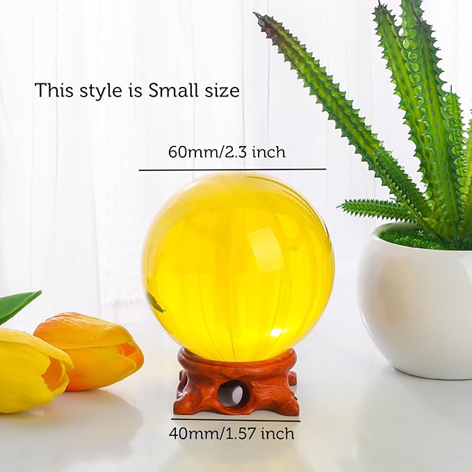 Yellow Small Crystal Ball 60mm/2.3 nch with Rose Wooden Stand and Gift Box for lensball Photography,Fortune Teller,Feng Shui, Witchcraft Decor,Scrying,Magic,Crystal Orb Prop Decorative Glass Sphere
