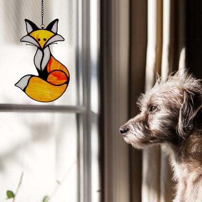 Stained Glass Window Hanging red Fox Sun Catcher Home Decoration Window Panels Gifts for mom,Ladies and Fox aficionados