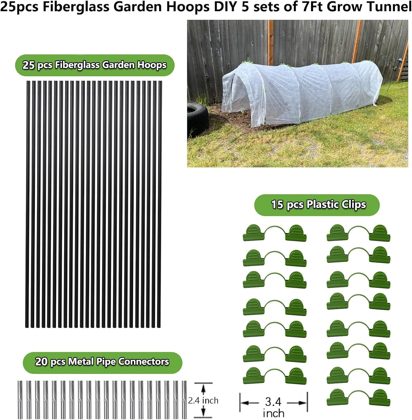 Greenhouse Hoops Grow Tunnel, 5 Sets of 7FT Garden Hoops for Raised Beds, Rust-Proof Fiberglass Frame for Garden Netting, Greenhouse Kit, Plant Shade Cloth, Plant Row Cover, 25 pcs