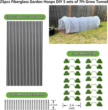Greenhouse Hoops Grow Tunnel, 5 Sets of 7FT Garden Hoops for Raised Beds, Rust-Proof Fiberglass Frame for Garden Netting, Greenhouse Kit, Plant Shade Cloth, Plant Row Cover, 25 pcs