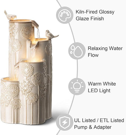 Glitzhome 31.75" H Outdoor Water Fountain with LED Lights and Pump, 4 Tier Dandelion Texture Vase Shaped Ceramic Floor Standing Fountain with Birds for Porch Deck Garden Patio Backyard, Sand Beige