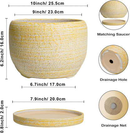 SQOWL Ceramic Planters for Indoor Plants - 10 Inch Plant Pot with Drainage Hole and Saucer, Round Ceramic Flower Pot Outdoor, Decorative Large Planter, Office Decor, Gifts for Women Men, Yellow