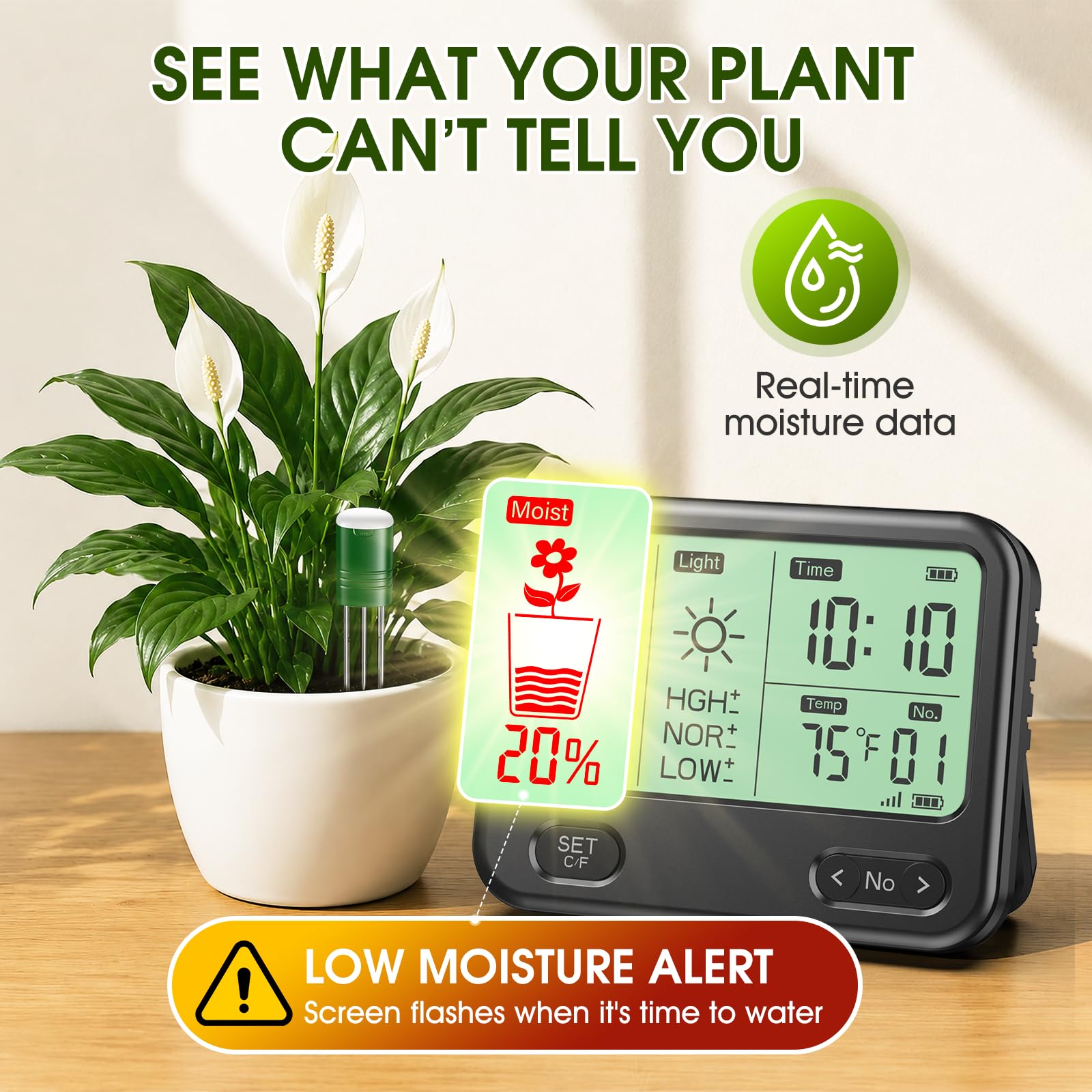 Soil Moisture Meter for Plants,4-in-1 Wireless Soil Tester,Soil Thermometer/Moisture/Sunlight