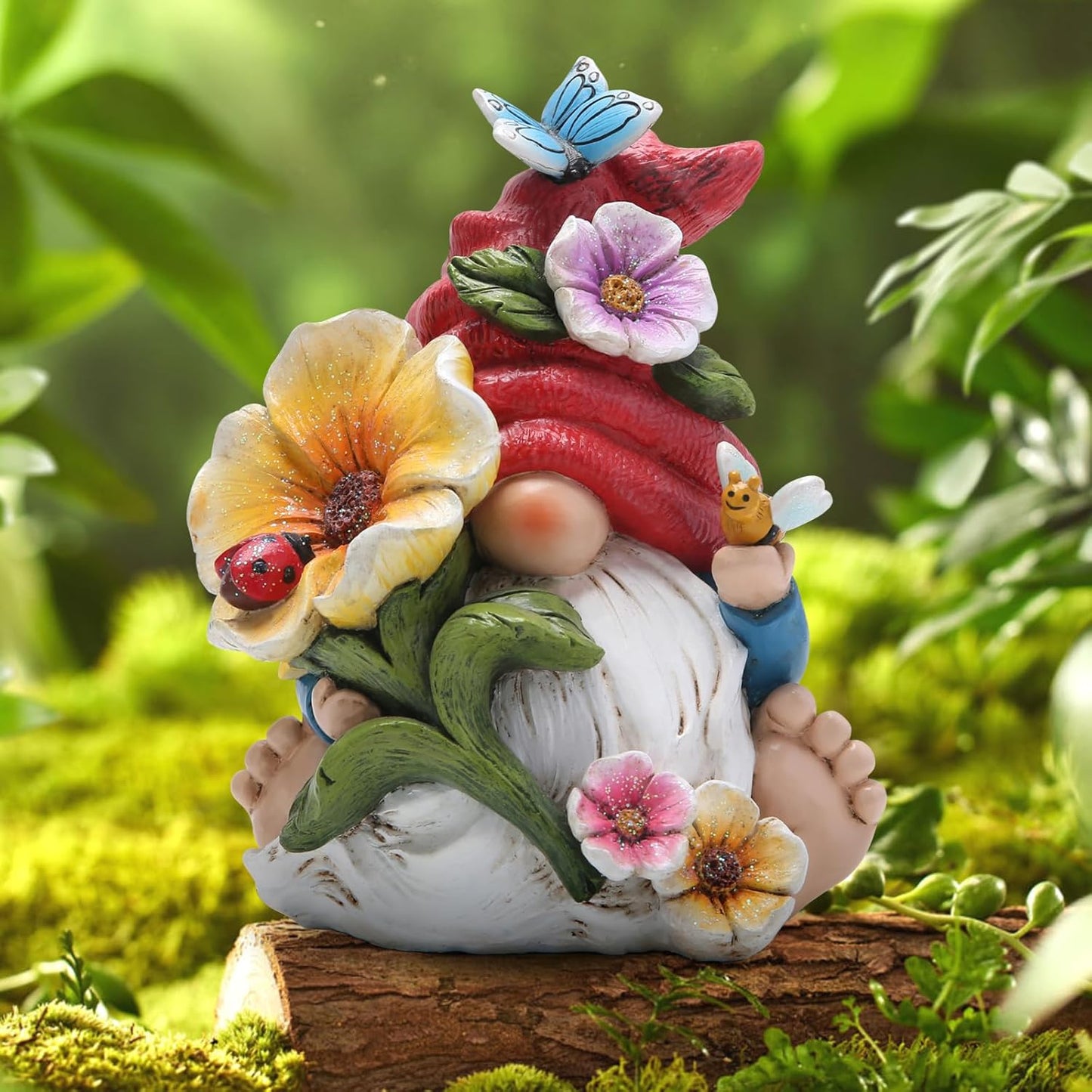 Hodao Gnome Figurine Decorations Indoor Home Decor Butterfly Bee Seven Star Ladybug - Dancing Spring Petal Gnome - Summer Garden Patio Gnome Sculpture Decorations (Flower gnome)