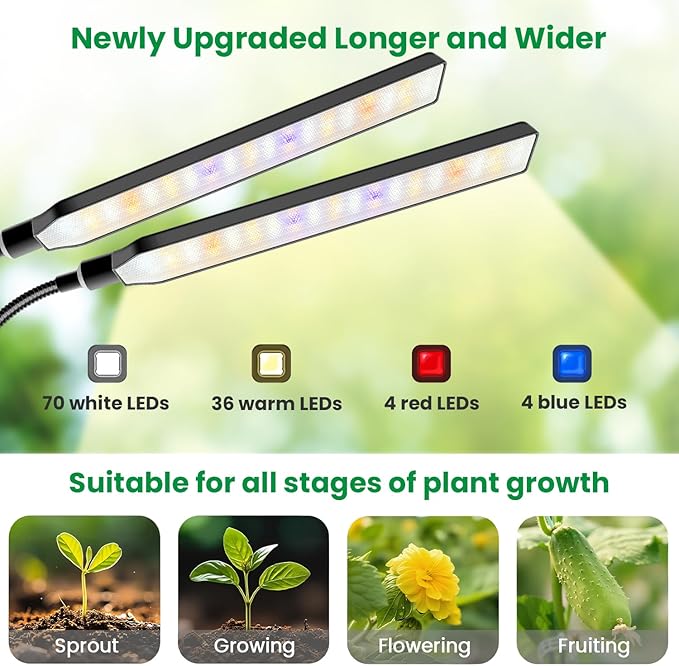 Grow Light Clip on 2 Pack, 228 LED Full Spectrum Plant Lights for Indoor Growing, 2 Head Black Arm Grow Lamp with Gooseneck, 6/12/16H Timer, 5 Dimming, 3 Light Mode