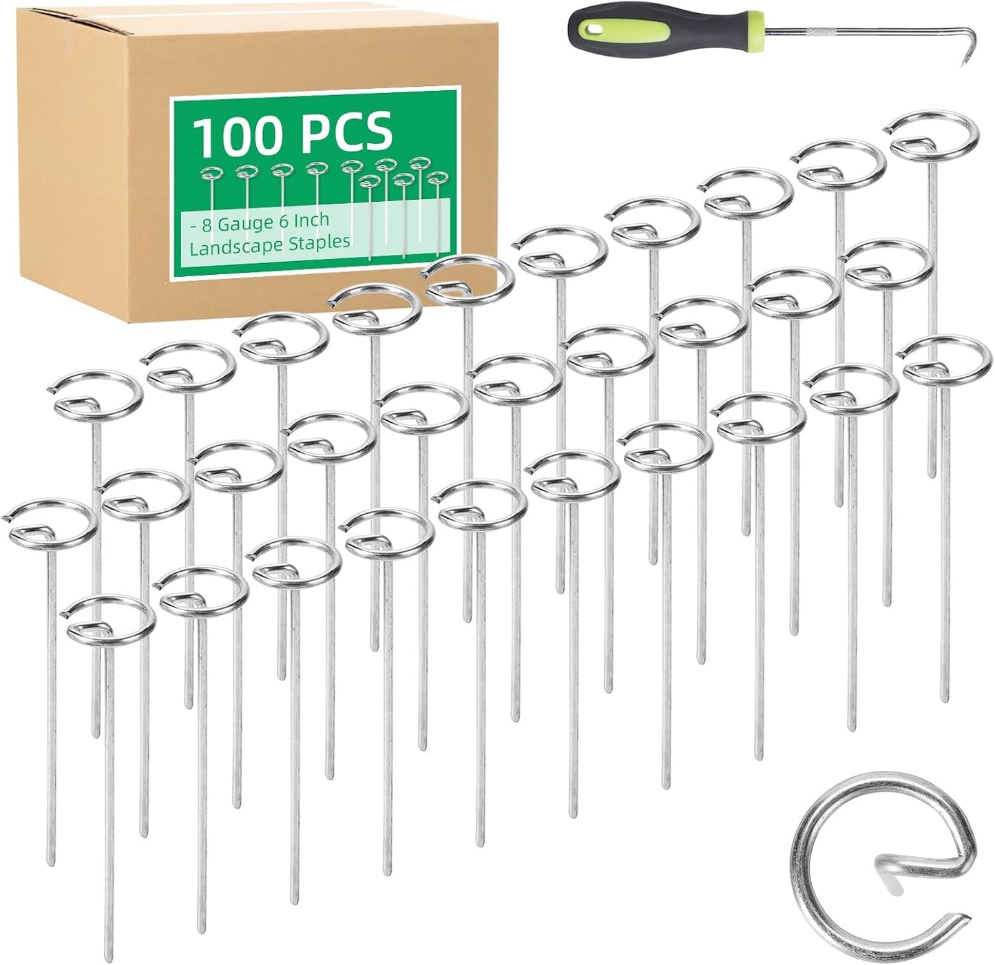 100 Pack 6 Inch Landscape Staples, Thickened 8 Gauge Circle Top Garden Stakes Heavy Duty Galvanized Landscape Fabric Pins for Securing Weed Barrier, Turf, Lawn, Fence, Tent