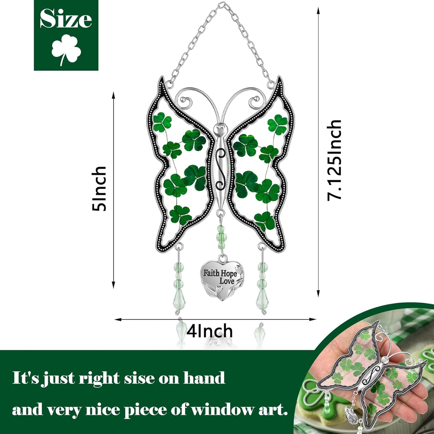 KY&BOSAM Shamrock Butterfly Suncatcher Faith Hope Love Irish Stained Glass for Windows Suncatchers Hangings Ornament Wind Chime with Real Flower as Gifts for Mom Mothers Day St Patrick's Day Decor