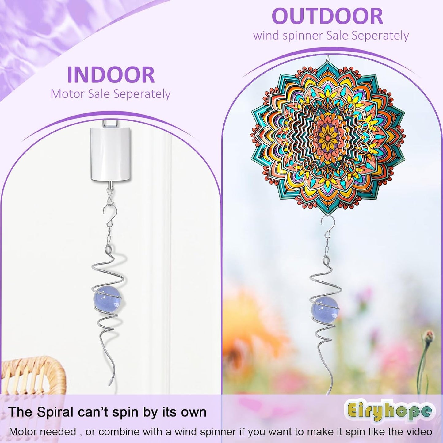 Gazing Ball Spiral Tail, Wind Spinner Stabilizer with Purple Glass Orb | 13-Inch Sun Catcher Rainbow Maker, Mesmerizing Rotating Art for Outdoor Garden Yard | Unique Hanging Decor & Gift