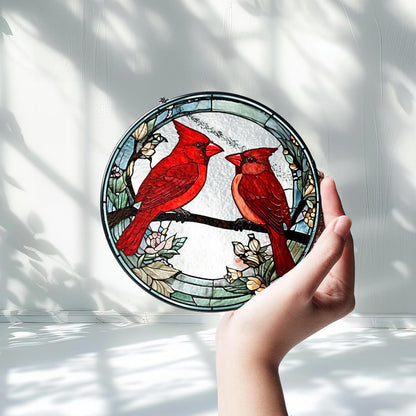 Cardinal Birds Stained Glass Suncatchers Art Glass Birds and Flowers for Sun Catcher Indoor Window Gifts for Pet Animal Nature Floral Lovers Women Grandma Mom Friend Painted Panel Décor
