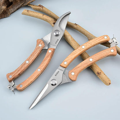 BUGUI Wood Handle Garden Shears, Long Straight Tip, All Steel Construction, Sharp, Well Designed Garden Scissors, 8"
