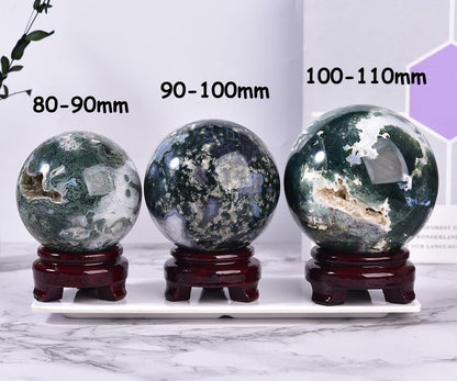Large Moss Agate Crystal Sphere Natural Healing Crystal Ball with Stand Meditation Decorative Balls Home Decor 100-110mm/3.9-4.3"