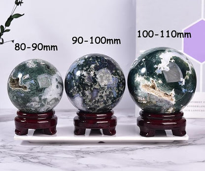 Large Moss Agate Crystal Sphere Natural Healing Crystal Ball with Stand Meditation Decorative Balls Home Decor 80-90mm/3.1-3.5"