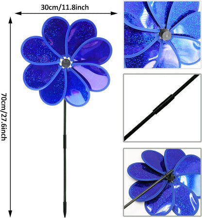 4PCS Flower Wind Spinner Sparkly Lawn Pinwheel 11.8 inch Dark Blue Garden Windmill for 4th of July, Garden, Party, Outdoor, Yard Decor