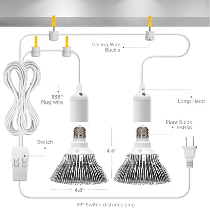 Bstrip Hanging Grow Light, 50W (25W X 2), One Cord Double Head, Led Grow Lights for Indoor Plants, Full Spectrum, Grow Lights for Seed Starting, Hanging Plant Light Bulbs with 16.4FT Power Cord