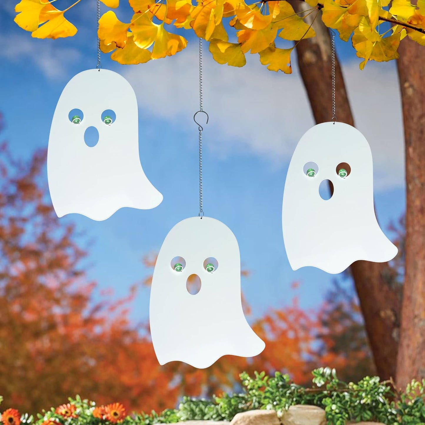 WAIU Outdoor Metal Hanging Ghosts, Halloween Decoration, Glow-in-The-Dark Ghosts, Silhouette Pendant Outdoors, Halloween Decorative Animals, Set of 3