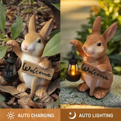 Solar Rabbit Garden Statue with Welcome Sign, Solar Rabbit Welcome Light Decor, Bunny Statues, Garden Decor for Patio Lawn Yard