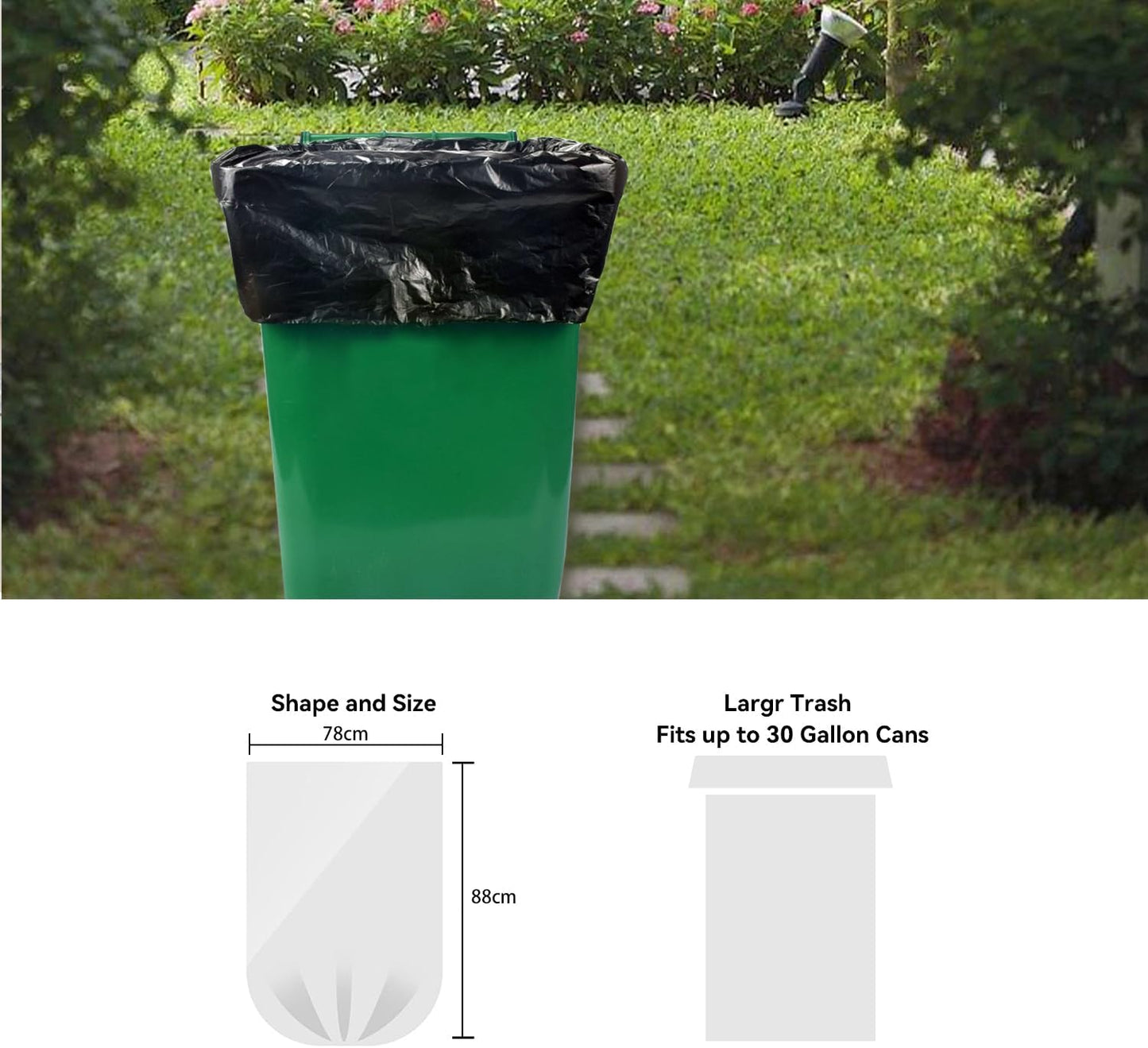 Trash Bag 30 Gallon, 10 Count, Big Garbage Bags, No Flaps/Ties,Thickness, 78x88cm,33.5g/pc, Unscented, Black