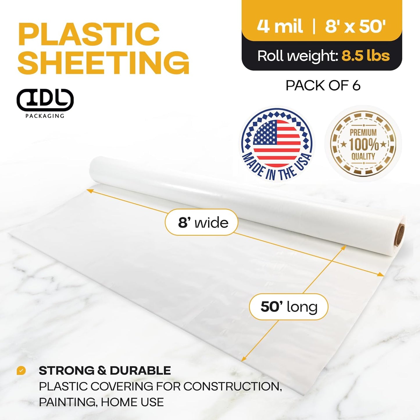 Plastic Sheeting 4 mil, 8' x 50' (400 sq.ft.), Pack of 6 - Thick Semi-Clear Plastic Sheeting for Construction, Painting, Drop Cloth, Slide&Slip - Heavy Duty LDPE Film Roll by IDL Packaging