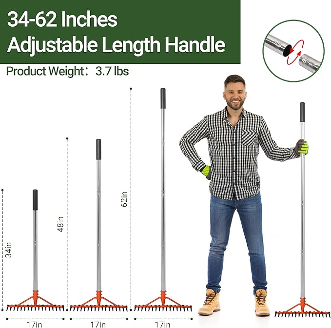 Garden Rake 17 Tempered Spring Steel Tines Heavy Duty Rake for Lawns Bow Rakes Metal Rakes with 62 Inch Stainless Steel Adjustable Long Handle for Loosening Soil Yard Work