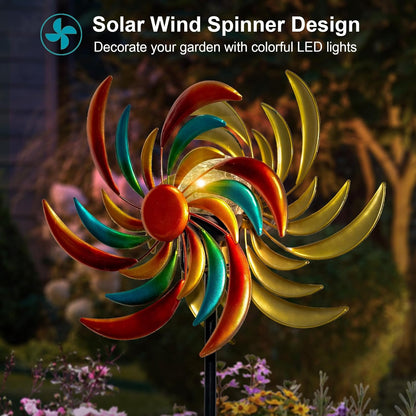 360° Wind Spinners Outdoor with Solar Lights Colored Leaves Garden Decor Yard Lawn Art Decor for Patio Kinetic Windmills Unique Gifts for Friends and Family 60.63'' H x 13.38'' Dia