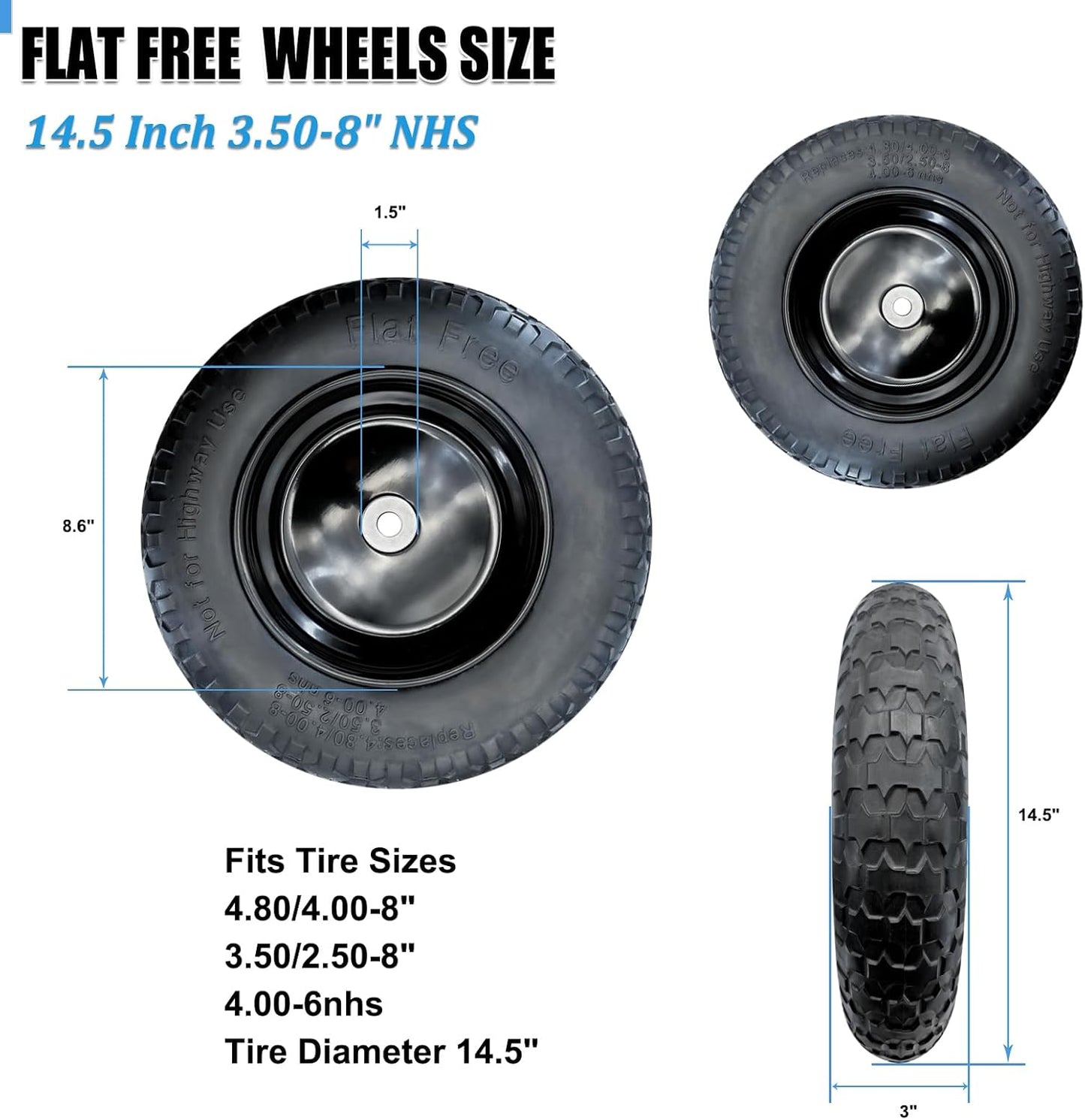 2-Pack of 3.50-8 Wheels,14.5" Flat Free Tires,Steel Rim,5/8" or 3/4"Axle Bore Hole,3”-6" Centered Hub,13"-16" Universal Fit Tire for Wheelbarrow,Hand Truck,Garden and Utility Carts, Trolleys and More