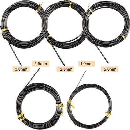 10 Rolls Bonsai Wires Anodized Aluminum Bonsai Training Wire in 5 Sizes - 1.0 mm, 1.5 mm, 2.0 mm, 2.5 mm, 3.0 mm, Total 164 Feet (Black)