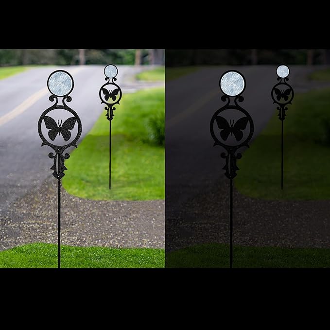 Touch of Class Pathways Reflective Driveway Marker Stake Set of Two for Outdoor Use | Butterfly Emblem Design | Personalized Tall Reflector Set of 2 | Black Durable Finish