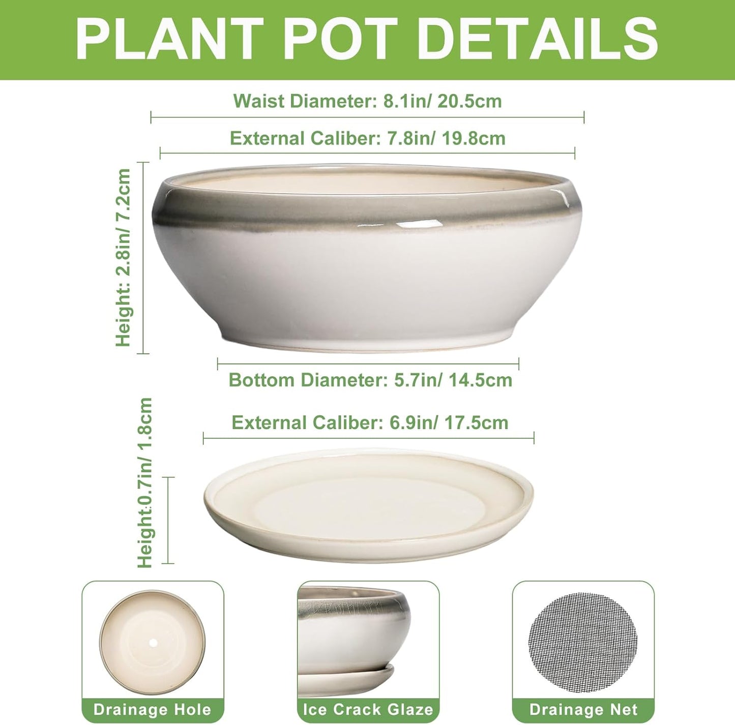 SQOWL Bonsai Tree Pots - 8 Inch Ceramic Succulent Pots with Drainage Hole and Saucer, Shallow Round Planter Indoor Outdoor, Ceramic Bonsai Pot, Planter Bowl, House Decor, Plant Lover Gift, Gray-Beige